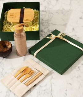 Sustainable Meal Hamper with Bamboo Lid Lunch Box, Glass Bottle &amp; Cutlery