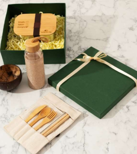 Sustainable Meal Hamper with Bamboo Lid Lunch Box, Glass Bottle &amp; Cutlery