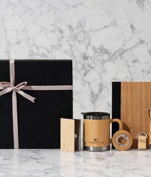 Bamboo Bliss Corporate Hamper | Bamboo Notebook & Pen Set with Mug | Card Holder and Multi-Purpose Keychain