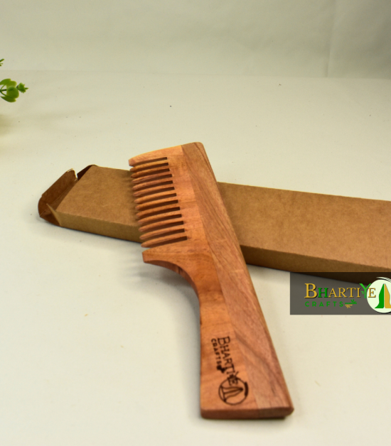 Detangling Neem Wood Comb with Handle | Wide Spaced Teeth | Handmade Neem Comb