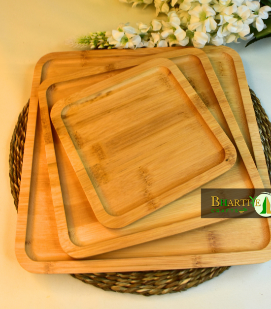 Upcycled Bamboo Tray Set | Set of 3 Multipurpose Trays for Snacks, Desserts & Salads