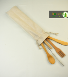 Bamboo Cutlery with Canvas Pouch | Handmade & Eco Friendly Reusable Travel Cutlery | Set of Spoon, Fork, Knife, Straws with Cleaner & Canvas Pouch