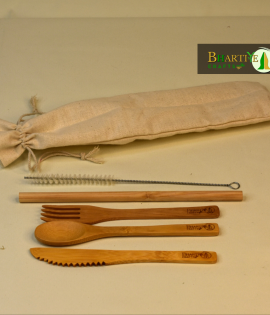Bamboo Cutlery with Canvas Pouch | Handmade &amp; Eco Friendly Reusable Travel Cutlery | Set of Spoon, Fork, Knife, Straws with Cleaner &amp; Canvas Pouch