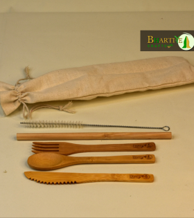 Bamboo Cutlery with Canvas Pouch | Handmade &amp; Eco Friendly Reusable Travel Cutlery | Set of Spoon, Fork, Knife, Straws with Cleaner &amp; Canvas Pouch