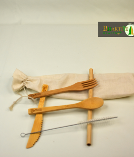 Bamboo Cutlery with Canvas Pouch | Handmade &amp; Eco Friendly Reusable Travel Cutlery | Set of Spoon, Fork, Knife, Straws with Cleaner &amp; Canvas Pouch