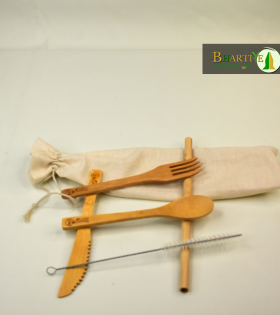 Bamboo Cutlery with Canvas Pouch | Handmade &amp; Eco Friendly Reusable Travel Cutlery | Set of Spoon, Fork, Knife, Straws with Cleaner &amp; Canvas Pouch