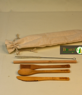 Bamboo Cutlery with Canvas Pouch | Handmade &amp; Eco Friendly Reusable Travel Cutlery | Set of Spoon, Fork, Knife, Straws with Cleaner &amp; Canvas Pouch