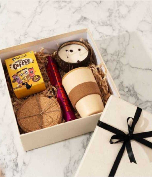 Bamboo Mug & Coffee Hamper with Coasters, Candle & Chocolate Treats