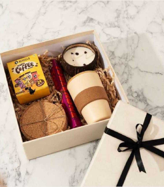 Bamboo Mug & Coffee Hamper with Coasters, Candle & Chocolate Treats