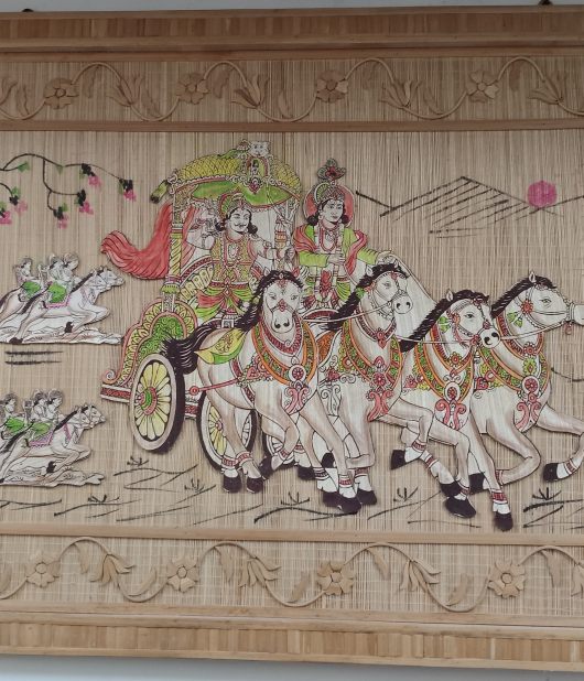 Handcrafted Bamboo Wall Art – Krishna & Arjuna Rath Yatra (38 x 27 Inch) (#BP0011)