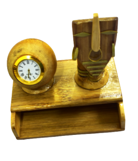 Bamboo Table Pen Stand With Clock