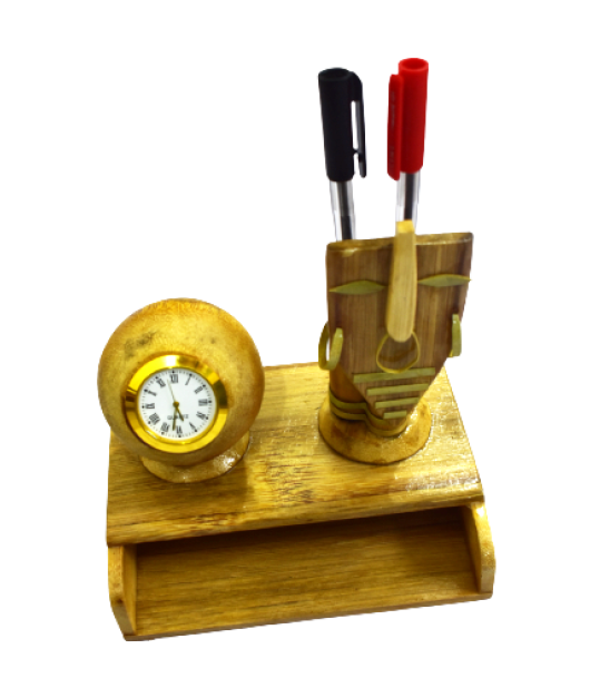 Bamboo Table Pen Stand With Clock