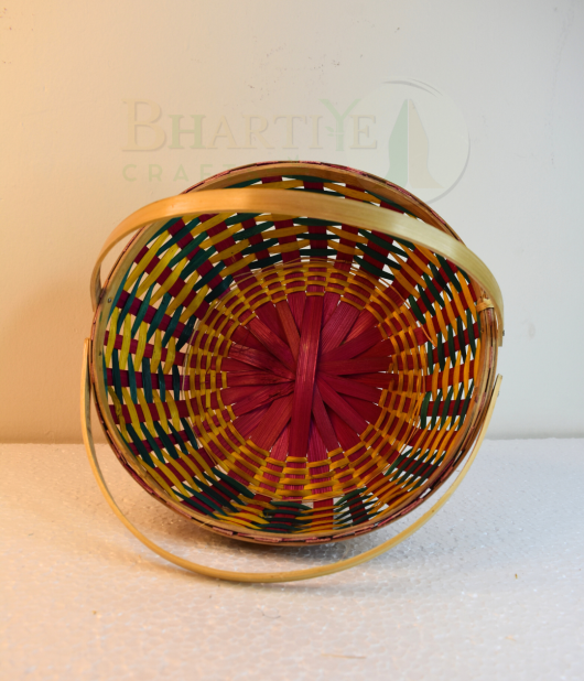 Bamboo Designer Round Basket/Tokri With Handle - 10 Inch (#EFBH0112-01)