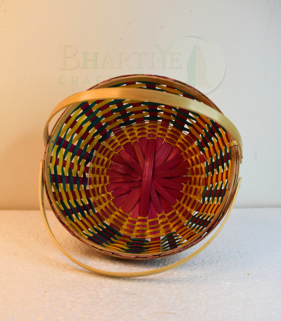 Bamboo Designer Round Basket/Tokri With Handle - 10 Inch (#EFBH0112-01)