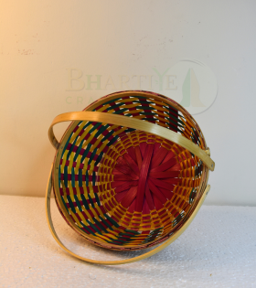 Bamboo Designer Round Basket/Tokri With Handle - 10 Inch (#EFBH0112-01)