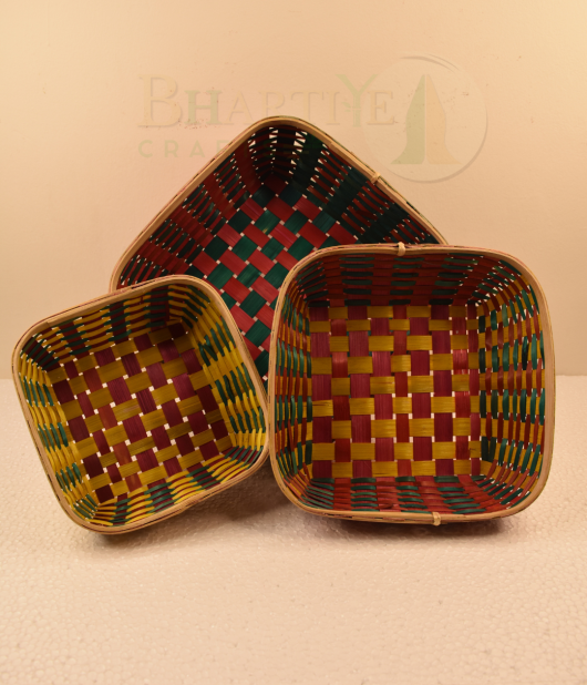 Set of 3 Bamboo Square Shaped Basket/Tokri - 8*8 Inch, 10*10 Inch, 12*12 Inch (#EFBH0072-00)