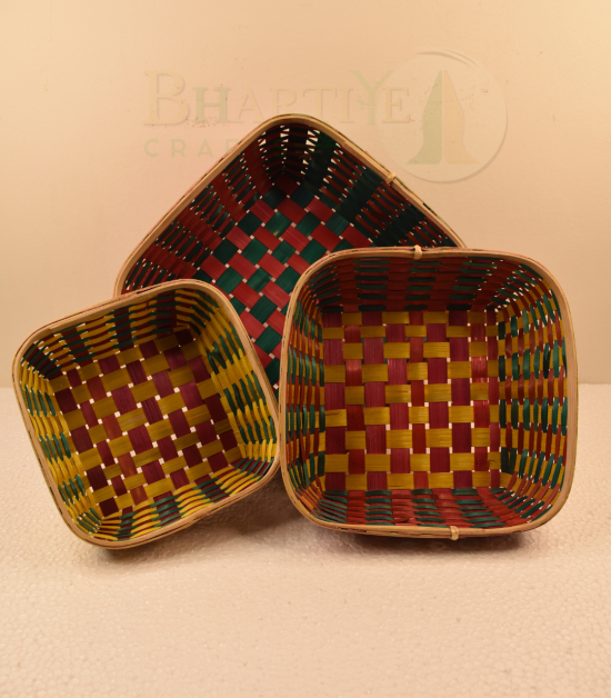 Set of 3 Bamboo Square Shaped Basket/Tokri - 8*8 Inch, 10*10 Inch, 12*12 Inch (#EFBH0072-00)