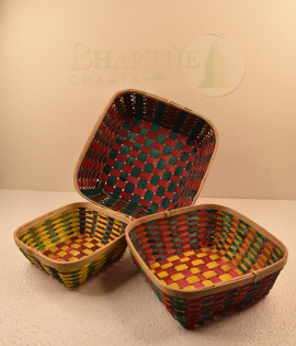 Set of 3 Bamboo Square Shaped Basket/Tokri - 8*8 Inch, 10*10 Inch, 12*12 Inch (#EFBH0072-00)