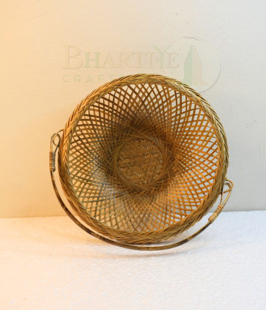 Flower Design Bamboo Basket/Tokri with Handle - 8 Inch (#BH0017)