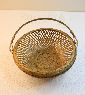 Flower Design Bamboo Basket/Tokri with Handle - 8 Inch (#BH0017)