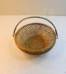 Flower Design Bamboo Basket/Tokri with Handle - 8 Inch (#BH0017)