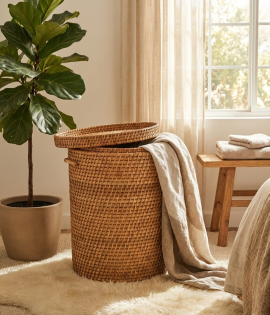 Handwoven Round Cane Laundry Basket – Natural Storage Solution (#CP001) -Big