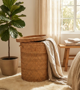 Handwoven Round Cane Laundry Basket – Natural Storage Solution (#CP002) -Medium