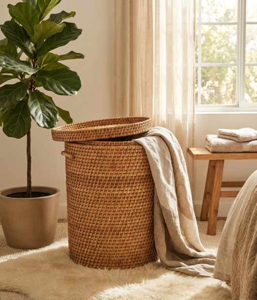 Handwoven Round Cane Laundry Basket – Natural Storage Solution (#CP002) -Medium