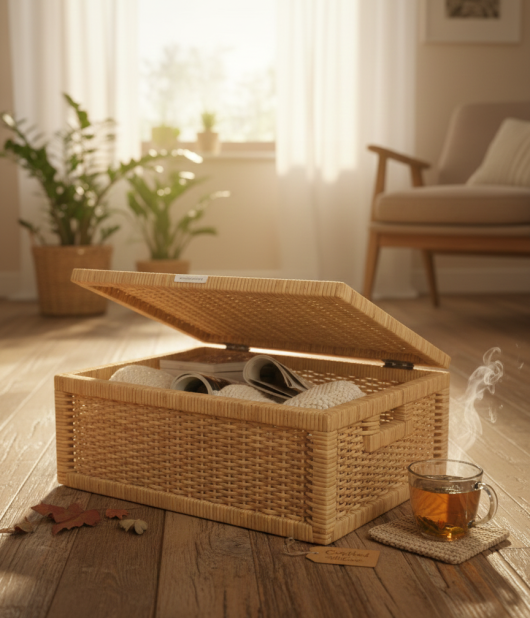 Handwoven Rectangular Cane Basket with Lid – Storage Organizer (#CP0020)