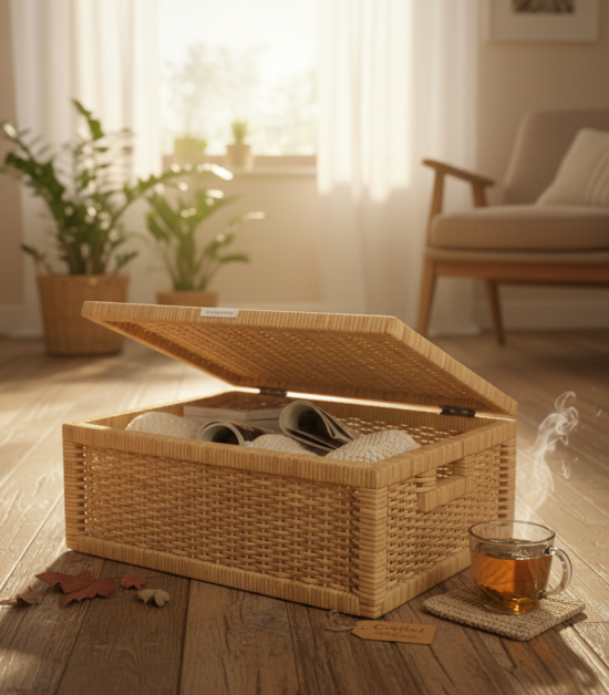 Handwoven Rectangular Cane Basket with Lid – Storage Organizer (#CP0020)