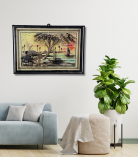 Village Life by the River – Handcrafted Jute Wall Art (#JP0003)