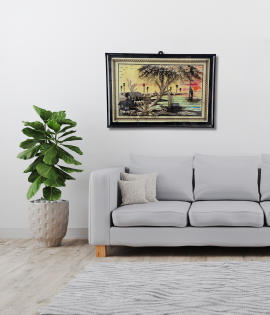 Village Life by the River – Handcrafted Jute Wall Art (#JP0003)