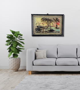 Village Life by the River – Handcrafted Jute Wall Art (#JP0003)