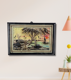 Village Life by the River – Handcrafted Jute Wall Art (#JP0003)