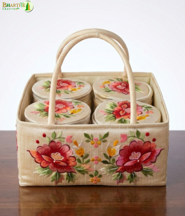 Bhartiye Crafts | Handmade Floral Embroidered Storage Basket with Containers | Cotton Organizer for Kitchen &amp; Home Decor | Made by Jharkhand Artisans