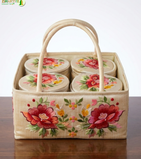 Bhartiye Crafts | Handmade Floral Embroidered Storage Basket with Containers | Cotton Organizer for Kitchen &amp; Home Decor | Made by Jharkhand Artisans
