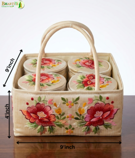 Bhartiye Crafts | Handmade Floral Embroidered Storage Basket with Containers | Cotton Organizer for Kitchen &amp; Home Decor | Made by Jharkhand Artisans