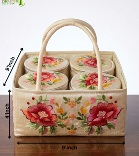 Bhartiye Crafts | Handmade Floral Embroidered Storage Basket with Containers | Cotton Organizer for Kitchen &amp; Home Decor | Made by Jharkhand Artisans