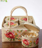 Bhartiye Crafts | Handmade Floral Embroidered Storage Basket with Containers | Cotton Organizer for Kitchen & Home Decor | Made by Jharkhand Artisans