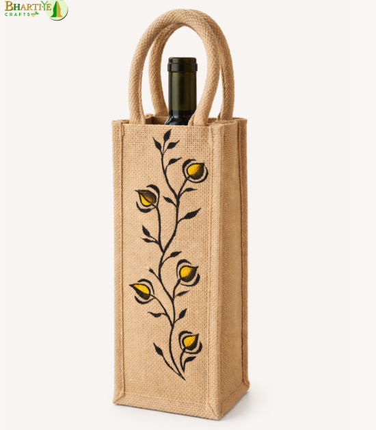 Bhartiye Crafts | Handcrafted Jute Bottle Bag with Embroidery | Eco Friendly Wine Carry Bag | Artisans from Jharkhand