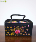 Bhartiye Crafts | Black Embroidered Fabric Storage Basket with Handle | Floral Organizer Box for Home Decor | Artisans from Jharkhand