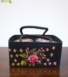 Bhartiye Crafts | Black Embroidered Fabric Storage Basket with Handle | Floral Organizer Box for Home Decor | Artisans from Jharkhand