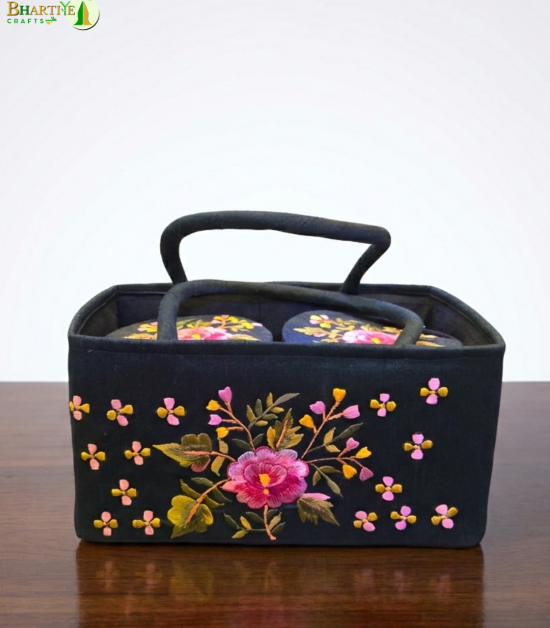 Bhartiye Crafts | Black Embroidered Fabric Storage Basket with Handle | Floral Organizer Box for Home Decor | Artisans from Jharkhand