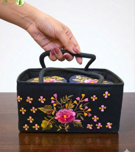 Bhartiye Crafts | Black Embroidered Fabric Storage Basket with Handle | Floral Organizer Box for Home Decor | Artisans from Jharkhand