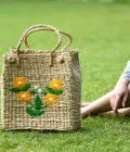 Handwoven Straw Tote Bag with Floral Embroidery
