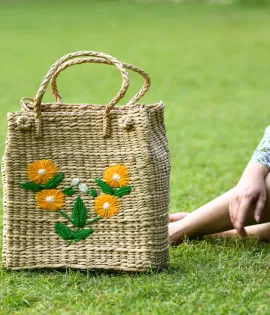 Handwoven Straw Tote Bag with Floral Embroidery