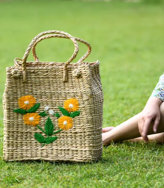 Handwoven Straw Tote Bag with Floral Embroidery