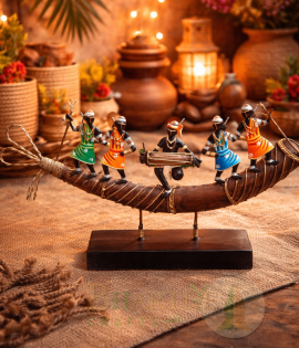 Handcrafted Tribal Boat Musician Showpiece | Authentic Jharkhand Tribal Art Decor | Bastar Art by Bhartiye Crafts