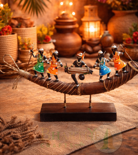 Handcrafted Tribal Boat Musician Showpiece | Authentic Jharkhand Tribal Art Decor | Bastar Art by Bhartiye Crafts