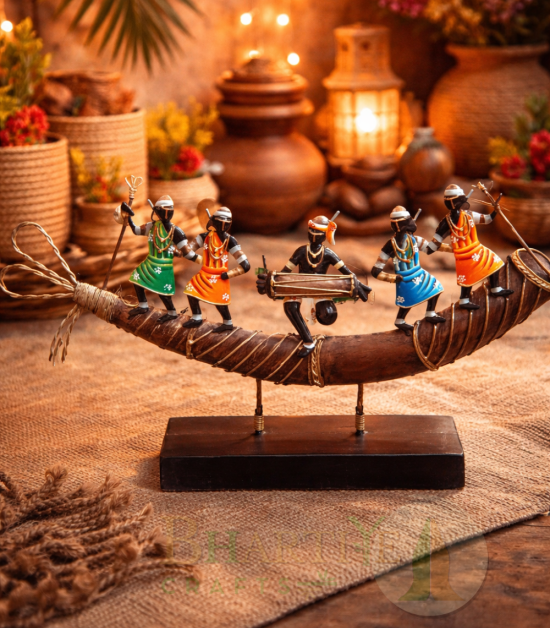 Handcrafted Tribal Boat Musician Showpiece | Authentic Jharkhand Tribal Art Decor | Bastar Art by Bhartiye Crafts